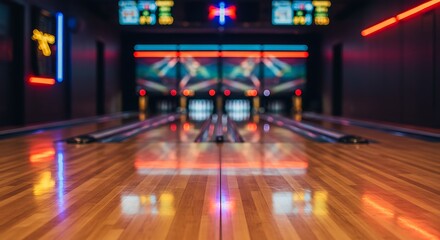 Mockup of a bowling alley with glowing neon lights and polished wooden lanes for commercial usage