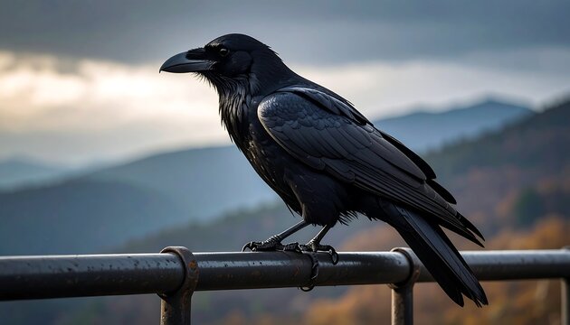 Raven perched on railing, dramatic sky - Powered by Adobe