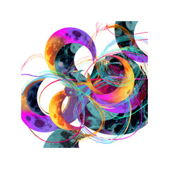 Abstract Cosmic Dance Vibrant Moons and Energetic Lines