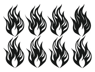 Set of eight stylized fire flames icons in black simple design