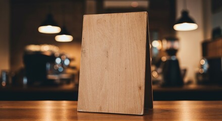 A wooden blank menu board stands prominently on a cafe counter, ready for display.