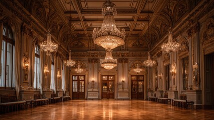 Fototapeta premium Opulent ballroom boasts ornate chandeliers, gold trim, and a gleaming parquet floor
