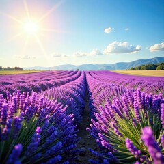 Fototapeta premium Sun-drenched lavender field, vibrant purple blooms, sunshine, rural, beautiful