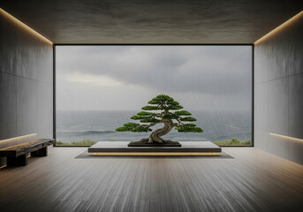 A meticulously pruned bonsai tree sits on a minimalist platform in a modern room with concrete walls and a large window overlooking a stormy sea