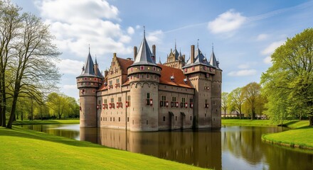 Obraz premium Medieval castle reflecting in a moat, surrounded by lush greenery. A picturesque European landmark, featuring turrets, battlements, and flag adornments, evokes a sense of history and grandeur