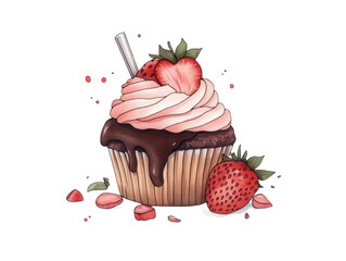 Hand drawn watercolor illustration of a cupcake with pink frosting chocolate drizzle and strawberry garnish
