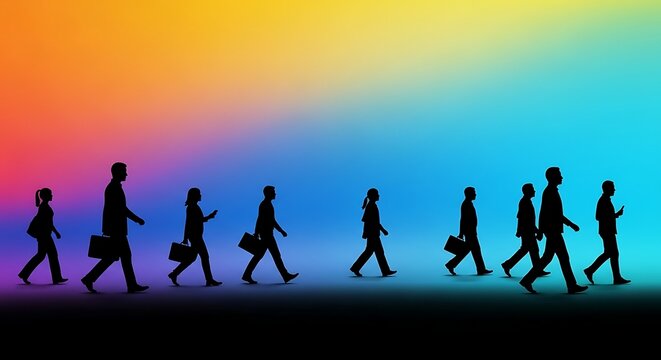 Silhouettes of people representing different life stages walking forward on a vibrant gradient background.