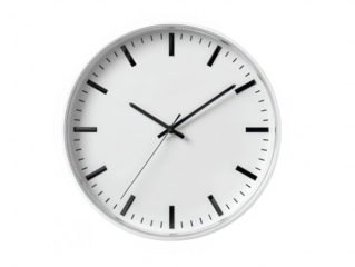 White round wall clock with black hands and markers against a black backdrop