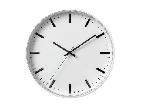 White round wall clock with black hands and markers against a black backdrop
