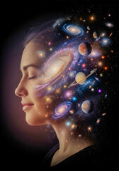 A profile portrait of a woman with closed eyes, her head and hair transforming into a vibrant, swirling galaxy filled with stars, planets, and nebulae, symbolizing cosmic consciousness and imagination