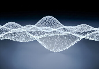 Abstract visualization of glowing white particles forming a dynamic wave pattern against a dark, moody background, representing data flow or sound waves in a digital space