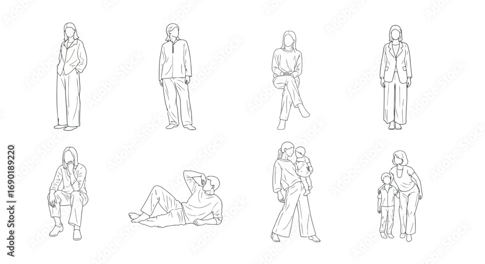 Poster vector vector art of collection of eight handdrawn sketch figures in various poses, transparent back
