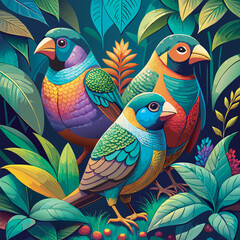 Three Colorful Finches in the Jungle