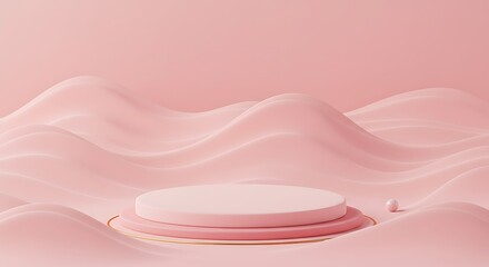 Mockup of a minimalist pink podium sits on a wavy pastel pink background, perfect for product display for commercial usage