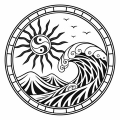 Yin yang sun and wave in a circle