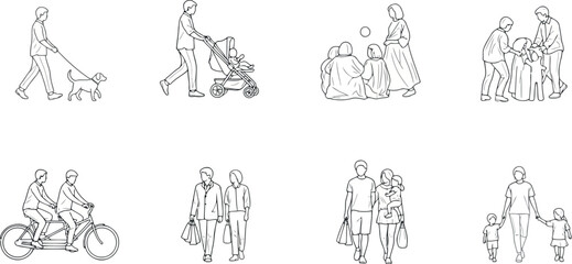 Vector vector art of collection of line drawings of people engaged in various activities, transparent background