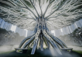 A colossal, futuristic tree with metallic, crystalline branches and roots, illuminated by countless tiny lights, standing majestically in a misty, modern landscape, symbolizing advanced technology 
