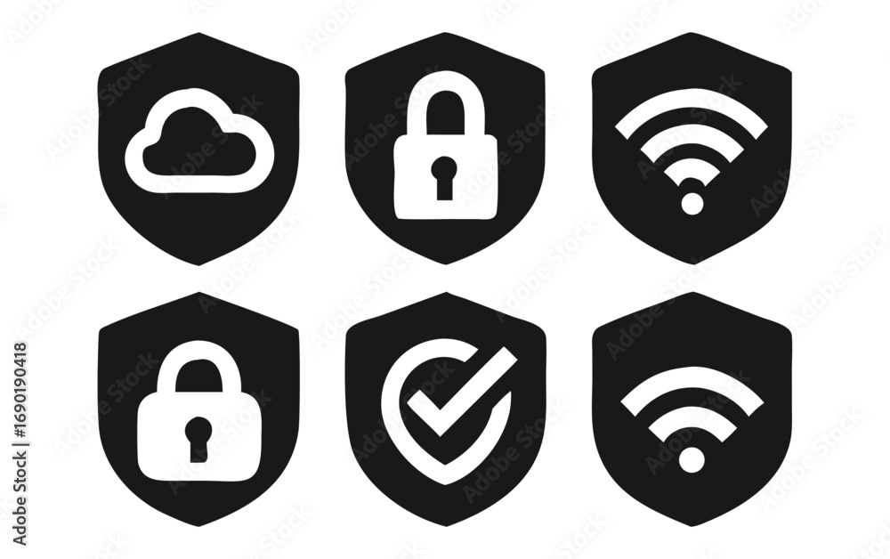 Poster security icons set cloud lock wifi shield checkmark protection data cybersecurity safety