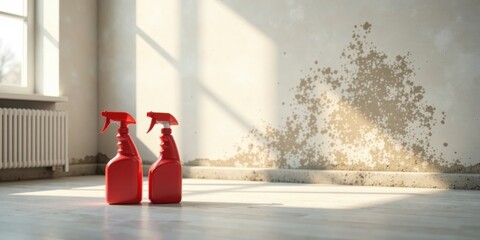 Two red spray bottles sit on a light-colored floor in a room with a textured wall, sunlit ambiance, awaiting cleaning tasks.