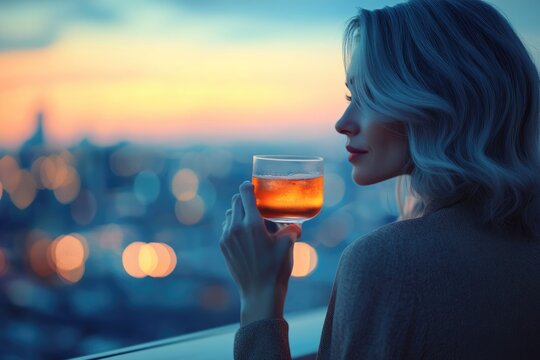A woman enjoys a drink while overlooking a breathtaking city sunset. - Powered by Adobe