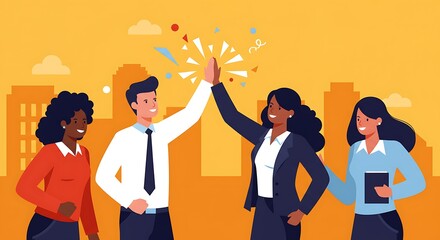 Successful Team Celebration in Cityscape.