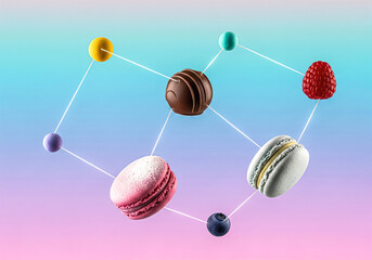A whimsical arrangement of assorted colorful macarons, a rich chocolate truffle, and fresh berries connected by delicate white lines against a soft gradient background, suggesting a sweet network