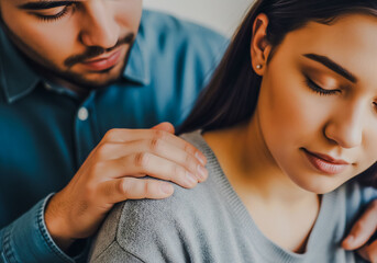 A man gently places his hand on a womans shoulder, offering comfort and support, in a closeup shot that emphasizes empathy and care in a relationship