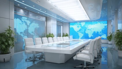 Modern conference room with world map visuals