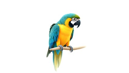 Obraz premium Bright blue and yellow macaw parrot perched, isolated on white background, vibrant tropical bird watercolor illustration.