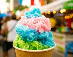 A refreshing colorful shaved ice dessert with green blue and pink layers