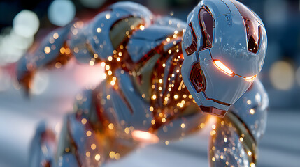 Futuristic Robot in Action: A dynamic close-up showcases a gleaming, technologically advanced robot mid-action with a strong sense of speed, energy and power.