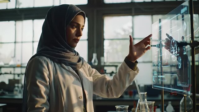 Muslim Scientist Working with Transparent Display in Sunny Lab. Woman Wearing Hijab Interacts with Interactive Screen Conducting Scientific Research Experiments in Old Laboratory Interior with