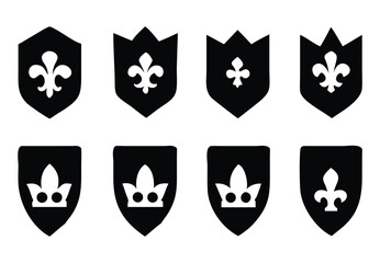 Collection of heraldic shields featuring fleur-de-lis and crown motifs for emblematic design projects