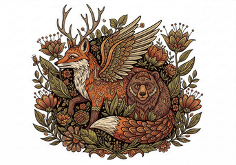 A mystical winged fox with antlers and a bear sit amongst a vibrant array of autumnal flowers and foliage in a detailed, illustrative style, evoking a sense of fantasy and natures magic