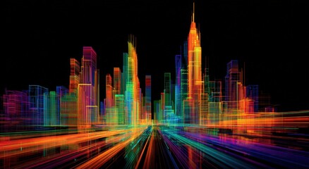 Fototapeta premium A vibrant, digital cityscape with colorful, streaking lines