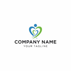 Abstract logo featuring a blue human figure and a green heart shape intertwined to form a larger heart, symbolizing care, community, and well-being.