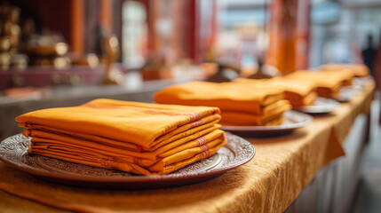 Kathina Ceremony, close-up of folded saffron robes on offering trays, blurred temple background