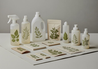 A collection of ecofriendly cleaning product bottles and containers with botanical leaf designs, suggesting natural and sustainable household solutions