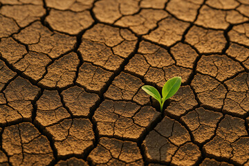 Resilience: A Green Sprout Emerging from Arid, Cracked Earth Surface