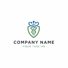 Medical and scientific logo with a shield, DNA helix, and stethoscope, symbolizing health and protection.