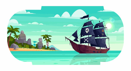 Adventurous pirate ship sails on a tropical ocean near a mysterious island