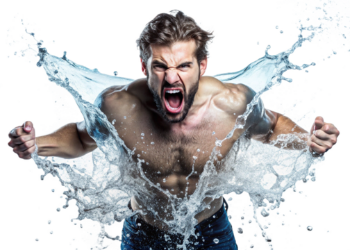 Water splash  rebellious man isolated on white background