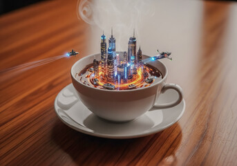A miniature cityscape with illuminated skyscrapers sits inside a coffee cup, surrounded by swirling liquid and smoke, with futuristic spacecraft flying nearby, on a wooden table