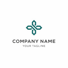 Abstract teal logo with stylized interconnected shapes, featuring 'COMPANY NAME' and 'YOUR TAGLINE' text on a white background.