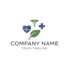 A healthcare logo featuring a heart with a pulse, a caduceus, a cross, and a leaf, with company name and tagline.