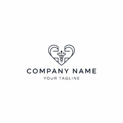 Minimalist line art logo of a heart containing a medical Rod of Asclepius symbol for a company.