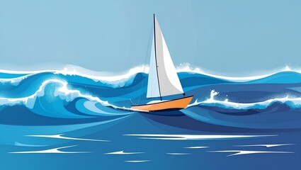 Sleek sailboat cutting through rolling ocean waves with white sail and bold in vibrant blue tones.