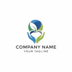 A logo featuring two hands cradling a growing plant with a blue circle in the background, symbolizing growth and care.