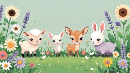illustration of baby animals including lamb and fawn surrounded by blooming wildflowers in soft pastel tones