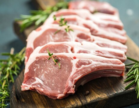 Raw lamb chops with rosemary and thyme sprigs on a wooden board raw meat